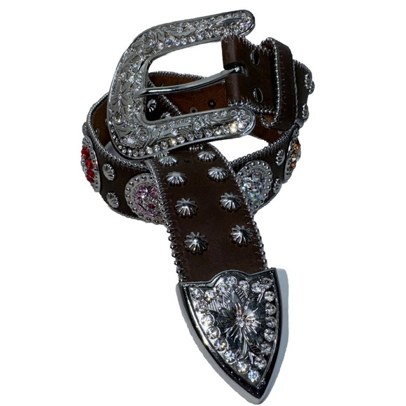 EUC Nocona Size M Western Belt Rhinestone Silver Studded Buckle Brown Leather - Picture 12 of 12